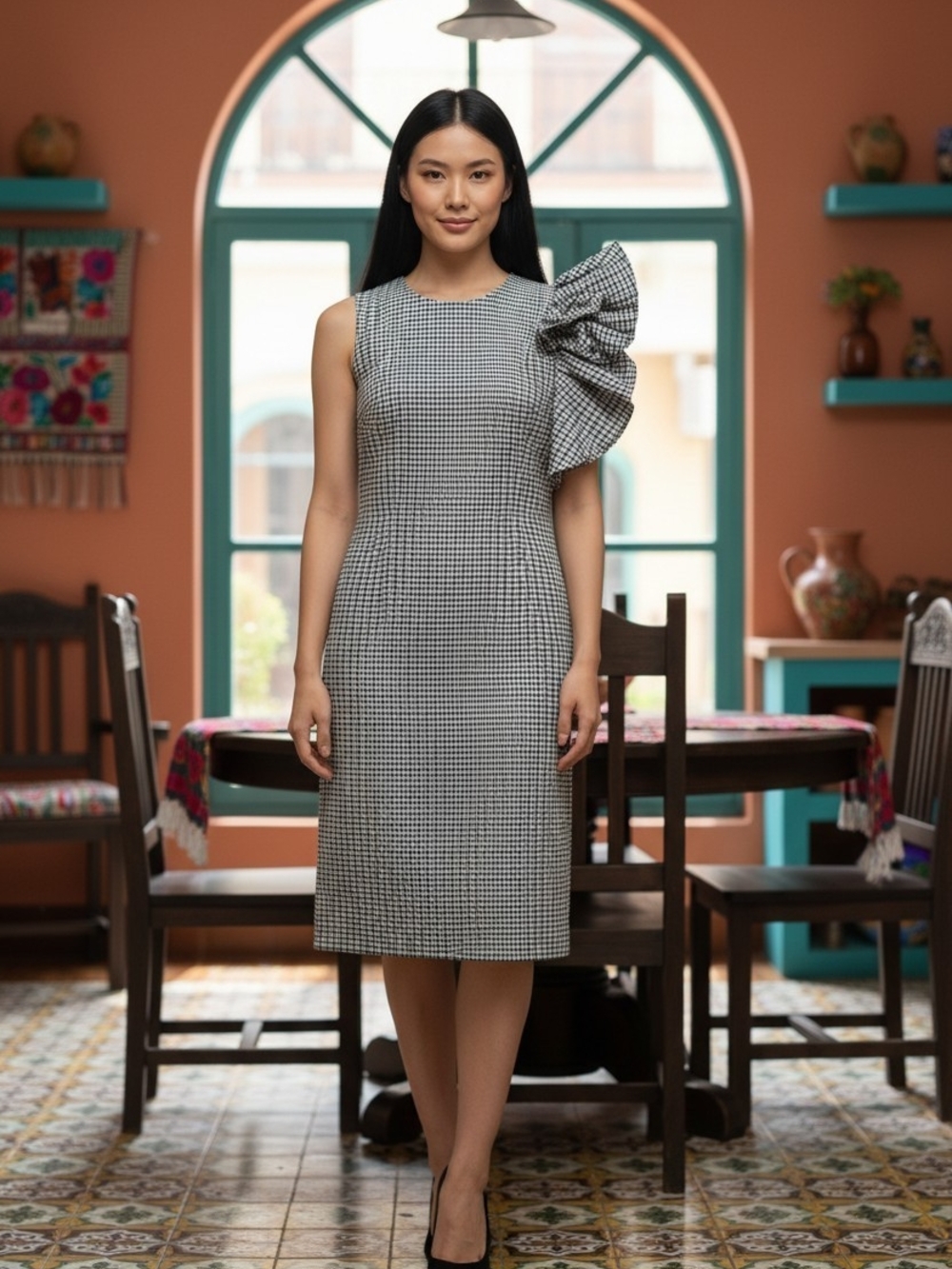 Banana Republic Black & White Gingham One-Shoulder Bow Midi Dress